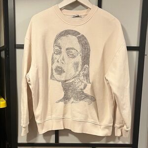 Zara Embroidered Girl Sweatshirt Cream Sweatshirt with Artistic Design Size M
